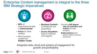 #ibmedge
Enterprise Content management is integral to the three
IBM Strategic Imperatives
4
Integrates data, cloud and systems of engagement for
growth and profitability
Provide a 360 degree
view of customers and
actions through
analytics
Build solutions that
deliver better business
outcomes
• Business Content -
Confidential and
proprietary
• Access Anywhere
Easy to maintain
and support
• 80% of
organizational data
is unstructured
• Focus on what
matters
• Mine business
content for
Hidden Truths
 