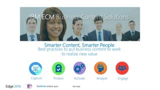 #ibmedge
Smarter Content, Smarter People
Best practices to put business content to work
to realize new value
Protect EngageCapture Activate Analyze
IBM ECM Business Content Solutions
 