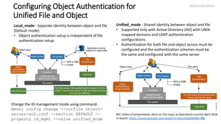 Configuring Object Authentication for
Unified File and Object
Administration
Local_mode - Separate identity between object and file
(Default mode)
• Object authentication setup is independent of file
authentication setup
Unified_mode - Shared identity between object and file
• Supported only with Active Directory (AD) with UNIX-
mapped domains and LDAP authentication
configurations
• Authentication for both file and object access must be
configured and the authentication schemes must be
the same and configured with the same server
30
Ref: Video of presentation done on this topic at OpenStack summit April 2016
in Austin- https://www.youtube.com/watch?v=6ovLb6aktbM&t=93s
Change the ID management mode using command-
mmobj config change --ccrfile object-
server-sof.conf --section DEFAULT --
property id_mgmt --value unified_mode
 