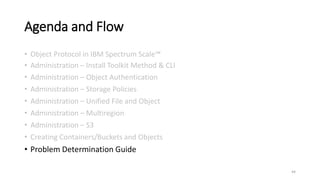 Agenda and Flow
• Object Protocol in IBM Spectrum Scale™
• Administration – Install Toolkit Method & CLI
• Administration – Object Authentication
• Administration – Storage Policies
• Administration – Unified File and Object
• Administration – Multiregion
• Administration – S3
• Creating Containers/Buckets and Objects
• Problem Determination Guide
44
 
