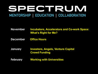 Knowledge Transfer Series Upcoming Calendar
November

Incubators, Accelerators and Co-work Space:
What’s Right for Me?

December

Office Hours

January

Investors, Angels, Venture Capital
Crowd Funding

February

Working with Universities
Watch Your Inbox for Upcoming Program Details
and Event Announcements

 