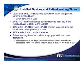 LOGO
Installed Devices and Patient Waiting Times
 Dual-head SPECT installations comprise 64% of the gamma
camera installed base
 Down from 70% in 2008
 SPECT/CT camera installed base increased from 2% of the
installed base in 2008 to 9% in 2011
 69% of the SPECT/CT and SPECT camera installed base are
considered to be general purpose
 31% are dedicated cardiac cameras
 Patient waiting times for nuclear imaging procedures have
decreased
 Waiting times of 1+ days for scheduled outpatient procedures
decreased from 77% of the sites in 2003 to 43% of the sites in 2011
http://184.107.144.35/pressreleases/imv-nuclear-medicine-report-shows-nuclear-medicine-procedure-volume-flat-from-2007-to-2010.html
http://www.auntminnie.com/index.aspx?sec=vdpsub=defpag=disitemId=96830
 