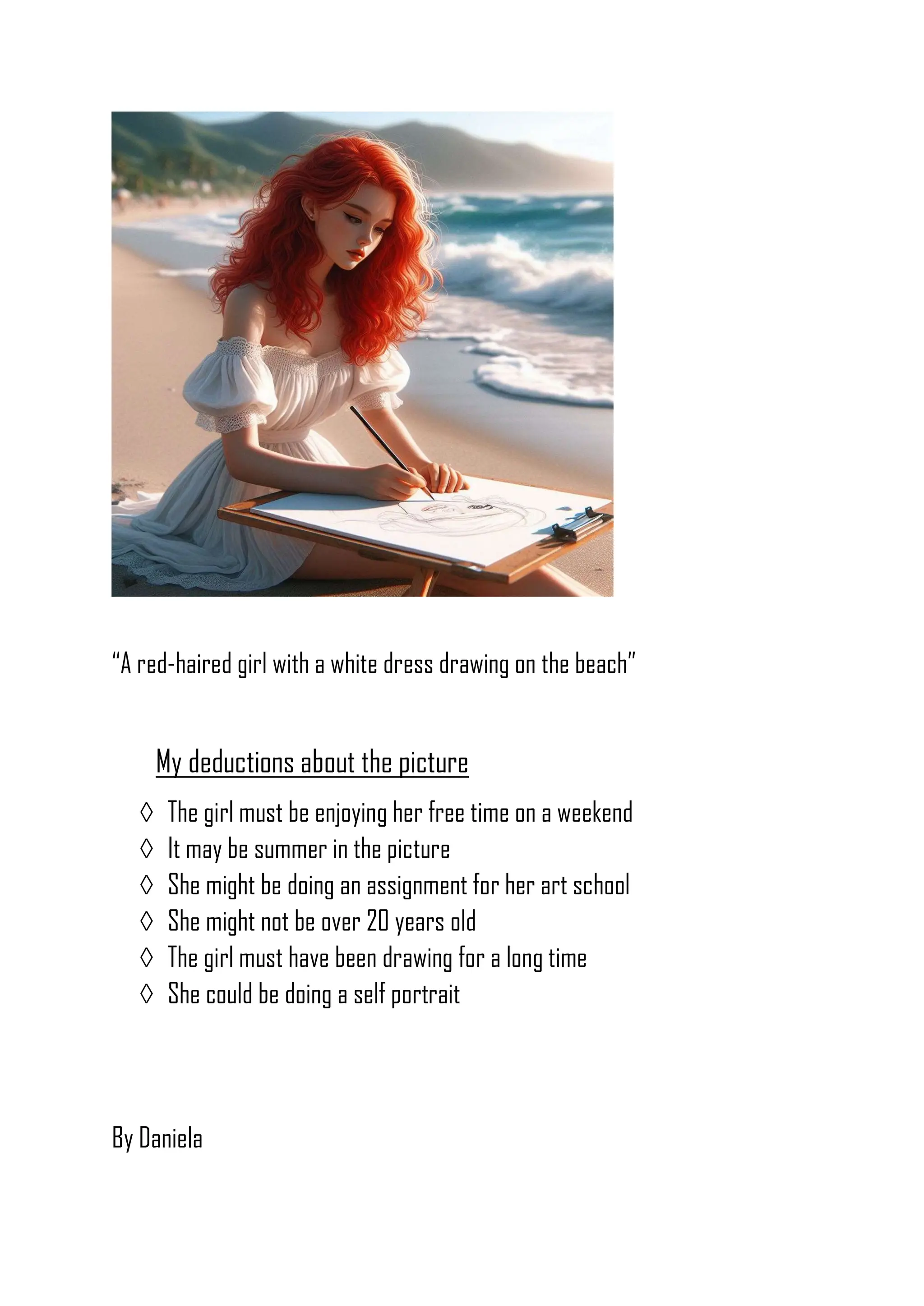 “A red-haired girl with a white dress drawing on the beach”
My deductions about the picture
 The girl must be enjoying her free time on a weekend
 It may be summer in the picture
 She might be doing an assignment for her art school
 She might not be over 20 years old
 The girl must have been drawing for a long time
 She could be doing a self portrait
By Daniela
 