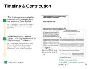 22
Timeline & Contribution
Accepte
d

Empirical Software
Engineering (EMSE)
,

2021
Under minor revisio
n

Journal of Systems and Software
(JSS), 2021
How to Identify Class Comment
Types? A Multi-language Approach for
Class Comments Classi
fi
cation
An investigation of comments in Java,
Python, Smalltalk, and develop an
approach to automatically identify
information types across languages
What do class comments tell us? An
investigation of comment evolution
and practices in Pharo Smalltalk
An investigation of comment evolution,
content and their adherence to style
guideline
In the stage of acceptance
 