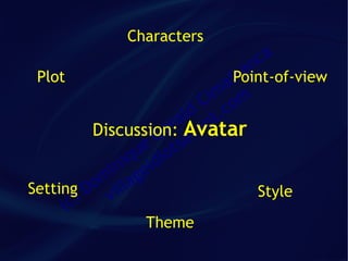 Characters
                                ca
 Plot                         an
                             fr
                             Point-of-view
                            a
                            im m
                           C co
                         ld t.
          Discussion:  raAvatar
                      e van
                    G sa
                  ue iot
               iq id
             in ge
Setting D om illa                Style
        )   v
     (c
                Theme
 
