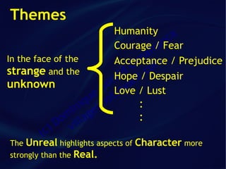 Themes
                            Humanity a
                                       nc
                            Courage /aFear
                                   afr
In the face of the              im m
                            Acceptance / Prejudice
                               C co
strange and the              ld /
                            Hope t. Despair
unknown                    ra an
                          e v
                         G Love / Lust
                            sa
                       eu iot
                     iq id
                  in ge         :
                om illa
               D v
                                :
        (   c)
The Unreal highlights aspects of Character more
strongly than the Real.
 