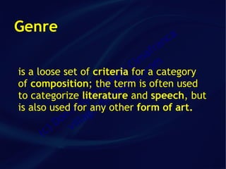 Genre
                                  ca
                                anfr
                                 a
                               im m
                              C co category
                            ld t
is a loose set of criteria for. a
                          a
of composition; the vae rtermnis often used
                     G sa
                  ue iot
to categorize literature and speech, but
                iq any other form of art.
is also used in eid
              for
             m lag
            o il
           D v
      ( c)
 