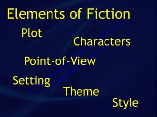 Elements of Fiction
                           ca
  Plot                   an  fr
                            a
                  Characters
                         im m
                        C co
                      ld t.
                    ra an
                   e v
  Point-of-View  G sa
               ue iot
             iq id
           in ge
Setting illa
         om
        D v
   ( c)        Theme
                          Style
 