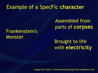 Example of a SpecFic character
                                      ca
                                 fr an from
                            Assembled
                                a
                              im of
                            partsom corpses
                             C c
Frankenstein's            ld t.
Monster                 ra an
                       e v
                     G sa
                   ue iot Brought to life
                iq id
             in ge         with electricity
           om illa
          D v
     ( c)

             Image from http://writersforensicsblog.files.wordpress.com
 