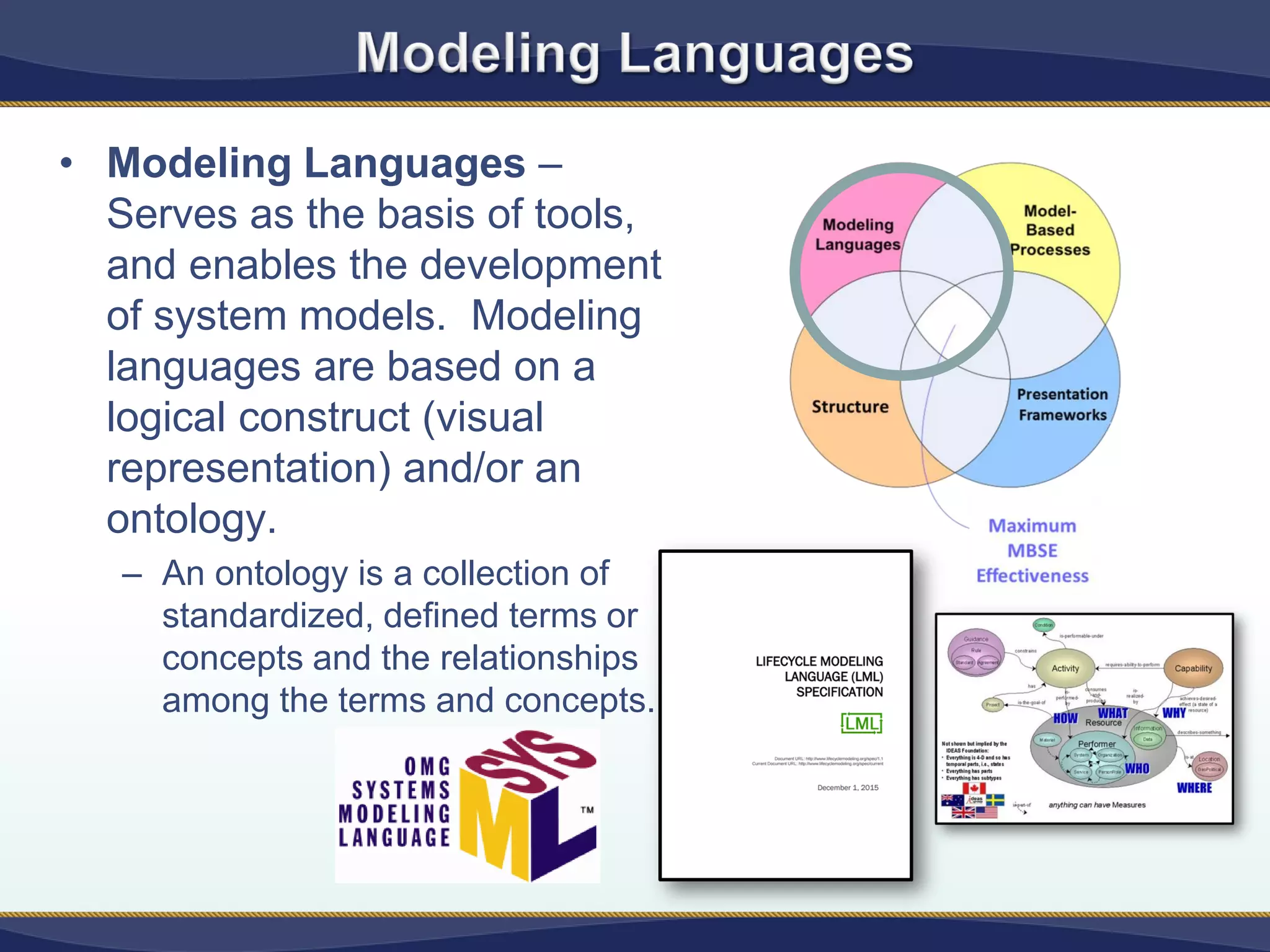 • Modeling Languages –
Serves as the basis of tools,
and enables the development
of system models. Modeling
languages are based on a
logical construct (visual
representation) and/or an
ontology.
– An ontology is a collection of
standardized, defined terms or
concepts and the relationships
among the terms and concepts.
 