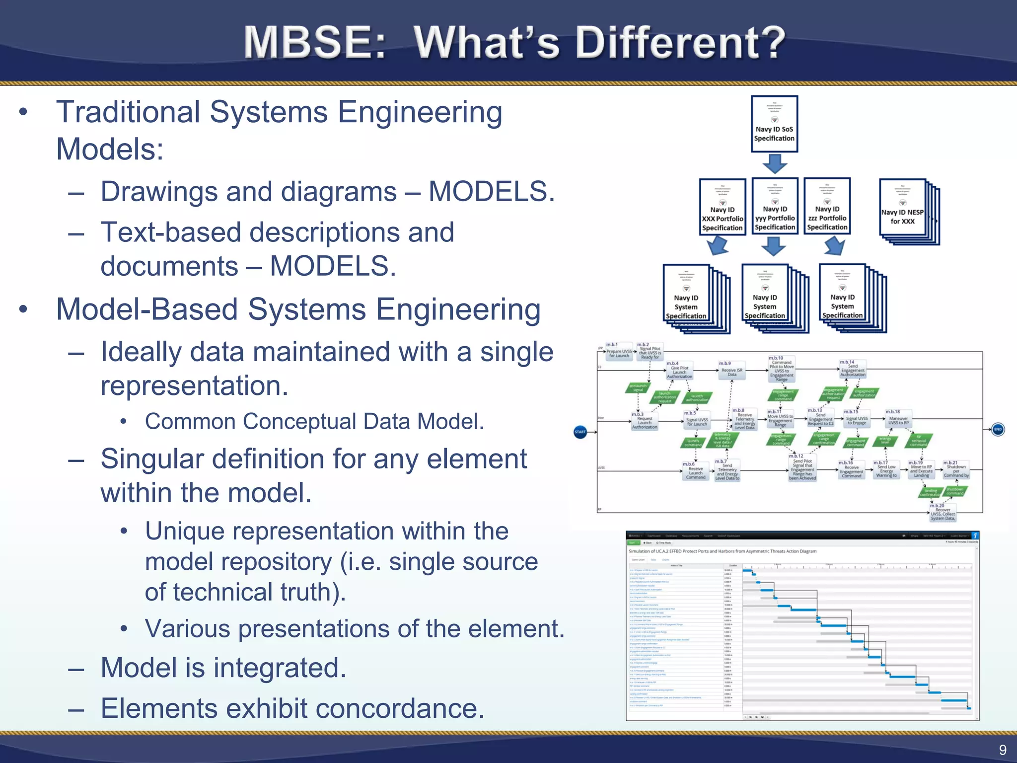 • Traditional Systems Engineering
Models:
– Drawings and diagrams – MODELS.
– Text-based descriptions and
documents – MODELS.
• Model-Based Systems Engineering
– Ideally data maintained with a single
representation.
• Common Conceptual Data Model.
– Singular definition for any element
within the model.
• Unique representation within the
model repository (i.e. single source
of technical truth).
• Various presentations of the element.
– Model is integrated.
– Elements exhibit concordance.
9
 