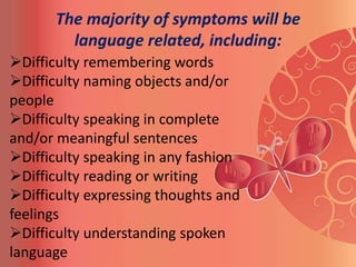 The majority of symptoms will be
         language related, including:
Difficulty remembering words
Difficulty naming objects and/or
people
Difficulty speaking in complete
and/or meaningful sentences
Difficulty speaking in any fashion
Difficulty reading or writing
Difficulty expressing thoughts and
feelings
Difficulty understanding spoken
language
 