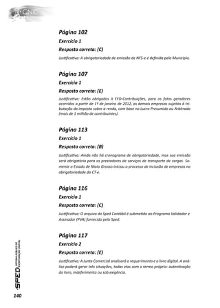 Página 102
      Exercício 1
      Resposta correta: (C)
      JusƟﬁcaƟva: A obrigatoriedade de emissão de NFS-e é deﬁnida pelo Município.



      Página 107
      Exercício 1
      Resposta correta: (E)
      JusƟﬁcaƟva: Estão obrigados à EFD-Contribuições, para os fatos geradores
      ocorridos a parƟr de 1º de janeiro de 2012, as demais empresas sujeitas à tri-
      butação do imposto sobre a renda, com base no Lucro Presumido ou Arbitrado
      (mais de 1 milhão de contribuintes).



      Página 113
      Exercício 1
      Resposta correta: (B)
      JusƟﬁcaƟva: Ainda não há cronograma de obrigatoriedade, mas sua emissão
      será obrigatória para os prestadores de serviços de transporte de cargas. So-
      mente o Estado de Mato Grosso iniciou o processo de inclusão de empresas na
      obrigatoriedade do CT-e.



      Página 116
      Exercício 1
      Resposta correta: (C)
      JusƟﬁcaƟva: O arquivo do Sped Contábil é submeƟdo ao Programa Validador e
      Assinador (PVA) fornecido pelo Sped.



      Página 117
      Exercício 2
      Resposta correta: (E)
      JusƟﬁcaƟva: A Junta Comercial analisará o requerimento e o livro digital. A aná-
      lise poderá gerar três situações, todas elas com o termo próprio: autenƟcação
      do livro, indeferimento ou sob exigência.




140
 