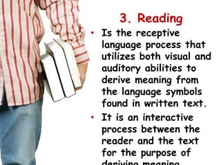 3. Reading <br />Is the receptive language process that utilizes both visual and auditory abilities to derive meaning from...
