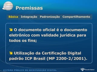   O documento oficial é o documento eletrônico com validade jurídica para todos os fins;  Utilização da Certificação Digital padrão ICP Brasil (MP 2200-2/2001).   Premissas Básica  Integração  Padronização  Compartilhamento 