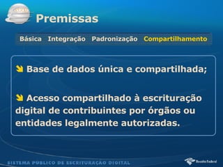 Base de dados única e compartilhada; Acesso compartilhado à escrituração digital de contribuintes por órgãos ou entidades legalmente autorizadas.   Premissas Básica  Integração  Padronização  Compartilhamento 