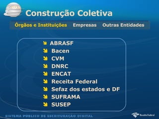 ABRASF Bacen CVM DNRC ENCAT Receita Federal Sefaz dos estados e DF SUFRAMA SUSEP Construção Coletiva Órgãos e Instituições   Empresas  Outras Entidades 