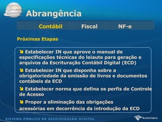   Abrangência Estabelecer IN que aprove o manual de especificações técnicas do leiaute para geração e arquivos da Escrituração Contábil Digital (ECD) Estabelecer IN que disponha sobre a obrigatoriedade da emissão de livros e documentos contábeis da ECD Estabelecer norma que defina os perfis de Controle de Acesso Propor a eliminação das obrigações  acessórias em decorrência da introdução da ECD   Contábil  Fiscal  NF-e Próximas   Etapas 