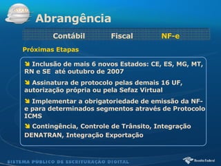 Abrangência Contábil  Fiscal  NF-e Inclusão de mais 6 novos Estados: CE, ES, MG, MT, RN e SE  até outubro de 2007 Assinatura de protocolo pelas demais 16 UF, autorização própria ou pela Sefaz Virtual Implementar a obrigatoriedade de emissão da NF-e para determinados segmentos através de Protocolo ICMS Contingência, Controle de Trânsito, Integração DENATRAN, Integração Exportação   Próximas Etapas 