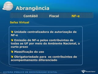 Abrangência Contábil  Fiscal  NF-e Unidade centralizadora de autorização de NF-e Emissão de NF-e pelos contribuintes de todas as UF por meio do Ambiente Nacional, a curto prazo Massificação do uso  Obrigatoriedade para  os contribuintes de acompanhamento diferenciado Sefaz Virtual 