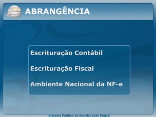   Escrituração Contábil Escrituração Fiscal Ambiente Nacional da NF-e  ABRANGÊNCIA 