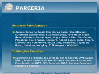 PARCERIA Empresas Participantes :  Ambev, Banco do Brasil, Cervejarias Kaiser, Cia. Ultragaz,   Eurofarma Laboratórios, Fiat Automóveis, Ford Motor Brasil,   General Motors, Gerdau Aços Longos, Disal - Adm. Consórcios,   Petrobrás, Pirelli Pneus, Redecard, Robert Bosch, Sadia, Serpro,   Siemens Vdo Automotive, Souza Cruz, Telefônica, Toyota do   Brasil, Usiminas, VarigLog, Volkswagen e Wickbold. Instituições Parceiras : Secretaria de Fazenda dos Estados, Banco Central, CVM, Susep,   DNRC, Junta Comercial de MG, Suframa, Secretaria da Receita   Previdenciária, ANTT, CFC, Fenacon, ABBC, Andima, Febraban,    Fenainfo e Abrasca. 