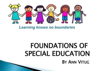 Learning knows no boundaries 
FOUNDATIONS OF 
SPECIAL EDUCATION 
BY ANN VITUG 
 