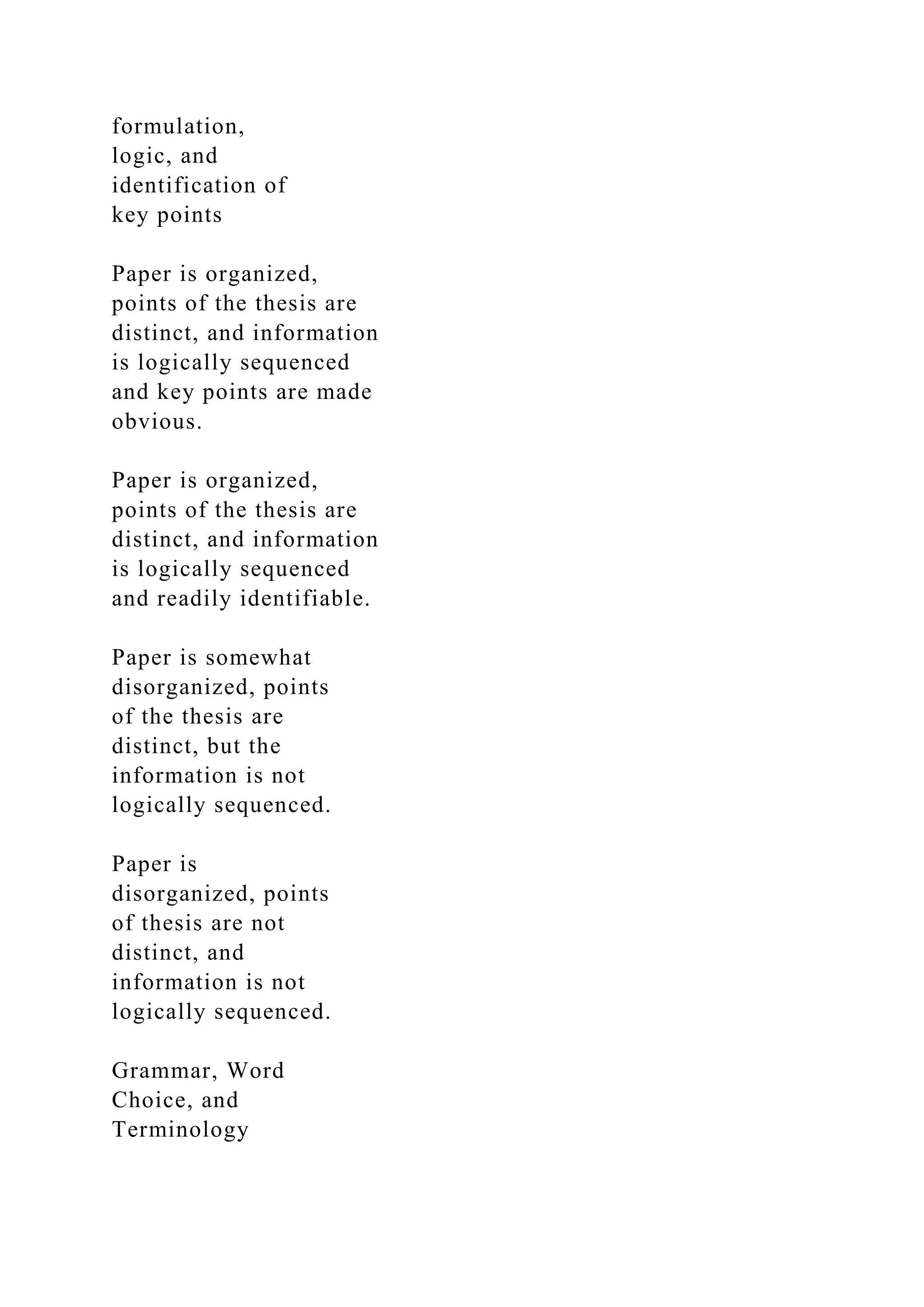 formulation,
logic, and
identification of
key points
Paper is organized,
points of the thesis are
distinct, and information
is logically sequenced
and key points are made
obvious.
Paper is organized,
points of the thesis are
distinct, and information
is logically sequenced
and readily identifiable.
Paper is somewhat
disorganized, points
of the thesis are
distinct, but the
information is not
logically sequenced.
Paper is
disorganized, points
of thesis are not
distinct, and
information is not
logically sequenced.
Grammar, Word
Choice, and
Terminology
 