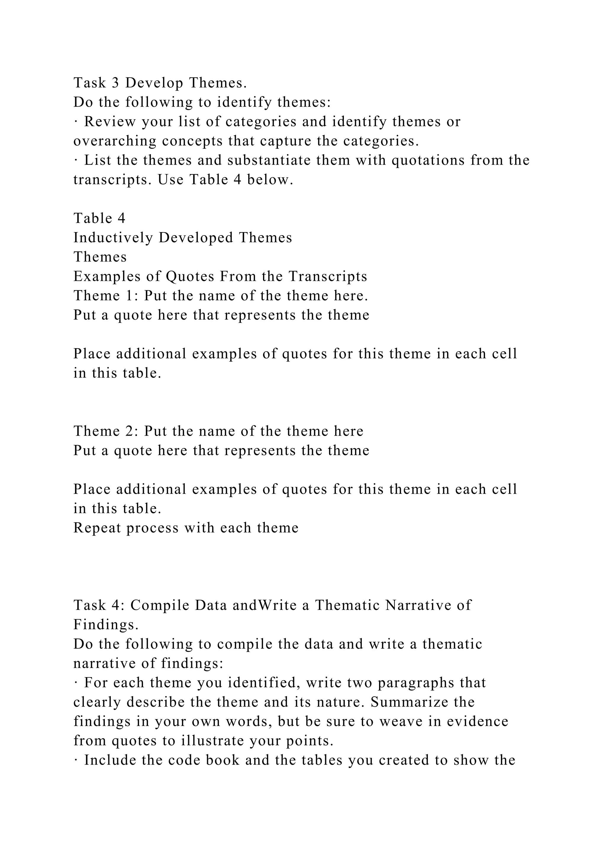 Task 3 Develop Themes.
Do the following to identify themes:
· Review your list of categories and identify themes or
overarching concepts that capture the categories.
· List the themes and substantiate them with quotations from the
transcripts. Use Table 4 below.
Table 4
Inductively Developed Themes
Themes
Examples of Quotes From the Transcripts
Theme 1: Put the name of the theme here.
Put a quote here that represents the theme
Place additional examples of quotes for this theme in each cell
in this table.
Theme 2: Put the name of the theme here
Put a quote here that represents the theme
Place additional examples of quotes for this theme in each cell
in this table.
Repeat process with each theme
Task 4: Compile Data andWrite a Thematic Narrative of
Findings.
Do the following to compile the data and write a thematic
narrative of findings:
· For each theme you identified, write two paragraphs that
clearly describe the theme and its nature. Summarize the
findings in your own words, but be sure to weave in evidence
from quotes to illustrate your points.
· Include the code book and the tables you created to show the
 