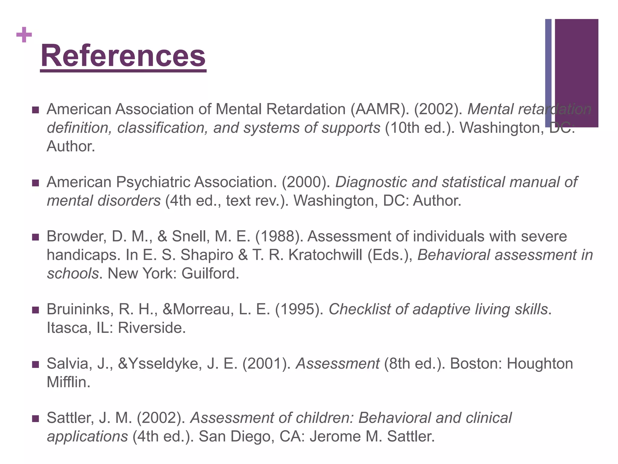 + 
References 
 American Association of Mental Retardation (AAMR). (2002). Mental retardation 
definition, classification, and systems of supports (10th ed.). Washington, DC: 
Author. 
 American Psychiatric Association. (2000). Diagnostic and statistical manual of 
mental disorders (4th ed., text rev.). Washington, DC: Author. 
 Browder, D. M., & Snell, M. E. (1988). Assessment of individuals with severe 
handicaps. In E. S. Shapiro & T. R. Kratochwill (Eds.), Behavioral assessment in 
schools. New York: Guilford. 
 Bruininks, R. H., &Morreau, L. E. (1995). Checklist of adaptive living skills. 
Itasca, IL: Riverside. 
 Salvia, J., &Ysseldyke, J. E. (2001). Assessment (8th ed.). Boston: Houghton 
Mifflin. 
 Sattler, J. M. (2002). Assessment of children: Behavioral and clinical 
applications (4th ed.). San Diego, CA: Jerome M. Sattler. 
 