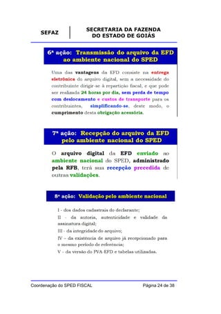 SECRETARIA DA FAZENDA
    SEFAZ
                         DO ESTADO DE GOIÁS




Coordenação do SPED FISCAL            Página 24 de 38
 