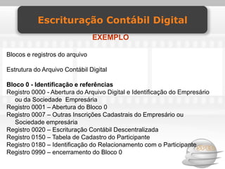 Escrituração Contábil Digital
                                EXEMPLO

Blocos e registros do arquivo

Estrutura do Arquivo Contábil Digital

Bloco 0 - Identificação e referências
Registro 0000 - Abertura do Arquivo Digital e Identificação do Empresário
   ou da Sociedade Empresária
Registro 0001 – Abertura do Bloco 0
Registro 0007 – Outras Inscrições Cadastrais do Empresário ou
   Sociedade empresária
Registro 0020 – Escrituração Contábil Descentralizada
Registro 0150 – Tabela de Cadastro do Participante
Registro 0180 – Identificação do Relacionamento com o Participante
Registro 0990 – encerramento do Bloco 0
 