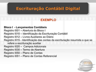 Escrituração Contábil Digital

                              EXEMPLO

Bloco I - Lançamentos Contábeis
Registro I001 – Abertura do Bloco I
Registro I010 – Identificação da Escrituração Contábil
Registro I012 – Livros Auxiliares ao Diário
Registro I015 - Identificação das contas da escrituração resumida a que se
   refere a escrituração auxiliar
Registro I020 – Campos Adicionais
Registro I030 – Termo de Abertura
Registro I050 – Plano de Contas
Registro I051 – Plano de Contas Referencial
 