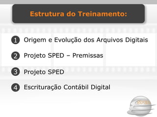 Estrutura do Treinamento:



1 Origem e Evolução dos Arquivos Digitais

2 Projeto SPED – Premissas

3 Projeto SPED

4 Escrituração Contábil Digital
 