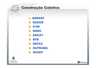 Sistema Público de Escrituração Digital
Construção Coletiva
ABRASF
BACEN
CVM
DNRC
ENCAT
RFB
SEFAZ
SUFRAMA
SUSEP
 
