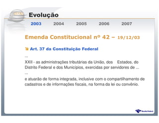 Evolução
      2003      2004           2005            2006         2007


Emenda Constitucional nº 42 –                              19/12/03

      Art. 37 da Constituição Federal
...
XXII - as administrações tributárias da União, dos Estados, do
Distrito Federal e dos Municípios, exercidas por servidores de ...
...
e atuarão de forma integrada, inclusive com o compartilhamento de
cadastros e de informações fiscais, na forma da lei ou convênio.




                 Sistema Público de Escrituração Digital
 