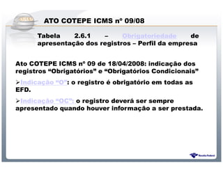ATO COTEPE ICMS nº 09/08

      Tabela    2.6.1   –     Obrigatoriedade     de
      apresentação dos registros – Perfil da empresa


Ato COTEPE ICMS nº 09 de 18/04/2008: indicação dos
registros “Obrigatórios” e “Obrigatórios Condicionais”
 Indicação “O”: o registro é obrigatório em todas as
EFD.
 Indicação “OC”: o registro deverá ser sempre
apresentado quando houver informação a ser prestada.




                  Sistema Público de Escrituração Digital
 