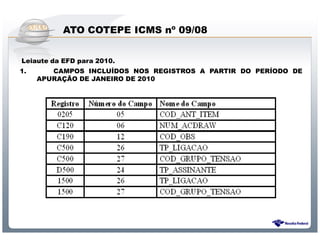 ATO COTEPE ICMS nº 09/08


Leiaute da EFD para 2010.
1.      CAMPOS INCLUÍDOS NOS REGISTROS A PARTIR DO PERÍODO DE
     APURAÇÃO DE JANEIRO DE 2010




                       Sistema Público de Escrituração Digital
 