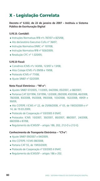 X - Legislação Correlata
     Decreto nº 6.022, de 22 de janeiro de 2007 – Instituiu o Sistema
     Público de Escrituração Digital

     S.P.E.D. Contábil:
     l   Instruções Normativas RFB nºs 787/07 e 825/08;
     l   Ato declaratório Executivo Cofis nº 36/07;
     l   Instrução Normativa DNRC nº 107/08;
     l   Instrução Normativa RFB nº 926/2009;
     l   Resolução CFC nº 1.020/05;

     S.P.E.D Fiscal:
     l   Convênios ICMS nºs 143/06, 123/07 e 13/08;
     l   Atos Cotepe ICMS nºs 09/08 e 19/08;
     l   Protocolo ICMS nº 77/08;
     l   Ajuste SINIEF nº 02/2009.

     Nota Fiscal Eletrônica – “NF-e”:
     l   Ajustes SINIEF 07/2005, 11/2005, 04/2006; 05/2007, e 08/2007;
     l Portarias CAT 32/1996, 53/1996, 12/2008, 28/2008, 43/2008, 46/2008,
     78/2008, 83/2008, 95/2008, 99/2008, 103/2008, 162/2008, 49/09 e
     90/09;
     l Ato COTEPE / ICMS nº 22, de 25/06/2008, nº 03, de 19/03/2009 e nº
     14, de 19.03.2009;
     l   Protocolo de Cooperação nº 03/2005 II ENAT;
     l Protocolos ICMS 10/2007, 30/2007, 80/2007, 88/2007, 24/2008,
     68/2008 e 87/08;
     l   Regulamento do ICMS/SP – artigos 186, 202, 212-O a 212-Q.

     Conhecimento de Transporte Eletrônico – “CT-e”:
     l   Ajuste SINIEF 09/2007 e 04/2009;
     l   Ato COTEPE / ICMS 08/2008;
     l   Portaria CAT 55, de 19/03/2009;
     l   Protocolo de Cooperação nº 03/2005 II ENAT;
     l   Regulamento do ICMS/SP – artigos 186 e 202.




80                                     SPED - SiStEma Público DE EScrituração Digital
 