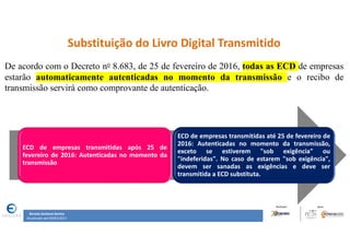 Renata Santana Santos
Atualizado até 09/02/2017
Substituição do Livro Digital Transmitido
De acordo com o Decreto no 8.683, de 25 de fevereiro de 2016, todas as ECD de empresas
estarão automaticamente autenticadas no momento da transmissão e o recibo de
transmissão servirá como comprovante de autenticação.
ECD de empresas transmitidas após 25 de
fevereiro de 2016: Autenticadas no momento da
transmissão
ECD de empresas transmitidas até 25 de fevereiro de
2016: Autenticadas no momento da transmissão,
exceto se estiverem "sob exigência" ou
"indeferidas". No caso de estarem "sob exigência",
devem ser sanadas as exigências e deve ser
transmitida a ECD substituta.
 