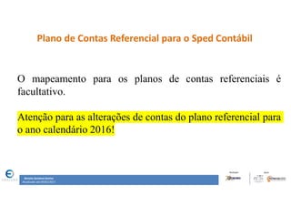 Renata Santana Santos
Atualizado até 09/02/2017
Plano de Contas Referencial para o Sped Contábil
O mapeamento para os planos de contas referenciais é
facultativo.
Atenção para as alterações de contas do plano referencial para
o ano calendário 2016!
 