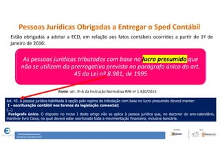 Renata Santana Santos
Atualizado até 09/02/2017
Pessoas Jurídicas Obrigadas a Entregar o Sped Contábil
Estão obrigadas a adotar a ECD, em relação aos fatos contábeis ocorridos a partir de 1º de
janeiro de 2016:
as pessoas jurídicas tributadas com base no lucro presumido que não se utilizem da prerrogativa prevista no parágrafo
único do art. 45 da Lei nº 8.981, de 1995
Fonte: art. 3o-A da Instrução Normativa RFB no 1.420/2015
As pessoas jurídicas tributadas com base no lucro presumido que
não se utilizem da prerrogativa prevista no parágrafo único do art.
45 da Lei nº 8.981, de 1995
Art. 45. A pessoa jurídica habilitada à opção pelo regime de tributação com base no lucro presumido deverá manter:
I - escrituração contábil nos termos da legislação comercial;
(...)
Parágrafo único. O disposto no inciso I deste artigo não se aplica à pessoa jurídica que, no decorrer do ano-calendário,
mantiver livro Caixa, no qual deverá estar escriturado toda a movimentação financeira, inclusive bancária.
 
