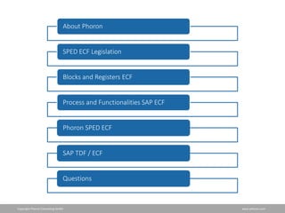 Copyright Phoron Consulting GmbH www.phoron.com
About Phoron
SPED ECF Legislation
Blocks and Registers ECF
Process and Functionalities SAP ECF
Phoron SPED ECF
SAP TDF / ECF
Questions
 