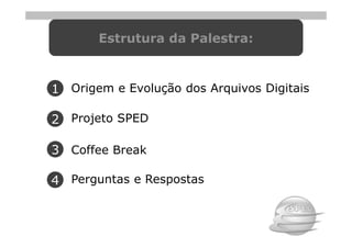 Estrutura da Palestra:



1 Origem e Evolução dos Arquivos Digitais

2 Projeto SPED

3 Coffee Break

4 Perguntas e Respostas
 