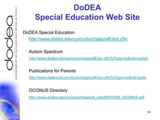 DoDEA Special Education Web SiteDoDEA Special Educationhttp://www.dodea.edu/curriculum/specialEduc.cfm	Autism Spectrumhttp://www.dodea.edu/curriculum/specialEduc.cfm?cType=se&cId=autism	Publications for Parentshttp://www.dodea.edu/curriculum/specialEduc.cfm?cType=se&cId=pubsOCONUS Directoryhttp://www.dodea.edu/curriculum/special_ed/pdf/201009_OCONUS.pdf14