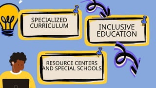 SPECIALIZED
CURRICULUM
RESOURCE CENTERS
AND SPECIAL SCHOOLS
INCLUSIVE
EDUCATION
 