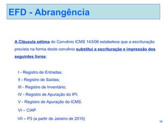 EFD - Abrangência
A Cláusula sétima do Convênio ICMS 143/06 estabelece que a escrituração
prevista na forma deste convênio substitui a escrituração e impressão dos
seguintes livros:

I - Registro de Entradas;
II - Registro de Saídas;
III - Registro de Inventário;
IV - Registro de Apuração do IPI;
V - Registro de Apuração do ICMS.
VI – CIAP
VII – P3 (a partir de Janeiro de 2015)

19

 