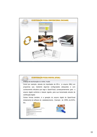 15
ESCRITURAÇÃO FISCAL CONVENCIONAL (PASSADO)ESCRITURAÇÃO FISCAL CONVENCIONAL (PASSADO)ESCRITURAÇÃO FISCAL CONVENCIONAL (PASSADO)ESCRITURAÇÃO FISCAL CONVENCIONAL (PASSADO)ESCRITURAÇÃO FISCAL CONVENCIONAL (PASSADO)ESCRITURAÇÃO FISCAL CONVENCIONAL (PASSADO)ESCRITURAÇÃO FISCAL CONVENCIONAL (PASSADO)ESCRITURAÇÃO FISCAL CONVENCIONAL (PASSADO)
A forma de escrituração e a rotina muda:
Como por exemplo, através de importação de NF-e (o arquivo XML) em
programas que, bastando algumas configurações adequadas e com
conhecimento tributária que rege o Sped-Fiscal, consequentemente, gera o
arquivo digital conforme o leiaute vigente, para sua transmissão através de
certificação digital.
Outras formas também, é a geração do arquivo digital do Sped-Fiscal
diretamente do software do estabelecimento, Exemplo: de ERPs, de ECFs,
Etc.
ESCRITURAÇÃO FISCAL DIGITAL (ATUAL)ESCRITURAÇÃO FISCAL DIGITAL (ATUAL)ESCRITURAÇÃO FISCAL DIGITAL (ATUAL)ESCRITURAÇÃO FISCAL DIGITAL (ATUAL)ESCRITURAÇÃO FISCAL DIGITAL (ATUAL)ESCRITURAÇÃO FISCAL DIGITAL (ATUAL)ESCRITURAÇÃO FISCAL DIGITAL (ATUAL)ESCRITURAÇÃO FISCAL DIGITAL (ATUAL)
 