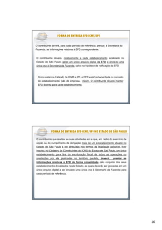 16
O contribuinte deverá, para cada período de referência, prestar, à Secretaria da
Fazenda, as informações relativas à EFD correspondente.
O contribuinte deverá, relativamente a cada estabelecimento localizado no
Estado de São Paulo, gerar um único arquivo digital da EFD e enviá-lo uma
única vez à Secretaria da Fazenda, salvo na hipótese de retificação da EFD
FORMA DE ENTREGA EFD ICMS/IPIFORMA DE ENTREGA EFD ICMS/IPIFORMA DE ENTREGA EFD ICMS/IPIFORMA DE ENTREGA EFD ICMS/IPIFORMA DE ENTREGA EFD ICMS/IPIFORMA DE ENTREGA EFD ICMS/IPIFORMA DE ENTREGA EFD ICMS/IPIFORMA DE ENTREGA EFD ICMS/IPI
Como estamos tratando de ICMS e IPI, a EFD está fundamentada no conceito
de estabelecimento, não de empresa. Assim, O contribuinte deverá manter
EFD distinta para cada estabelecimento.
O contribuinte que realizar as suas atividades em e que, em razão do exercício de
opção ou do cumprimento de obrigação mais de um estabelecimento situado no
Estado de São Paulo a ele atribuídas nos termos da legislação aplicável, tiver
inscrito, no Cadastro de Contribuintes do ICMS do Estado de São Paulo, um único
estabelecimento para fins da escrituração fiscal de todas as operações ou
prestações por ele praticadas no território paulista, deverá, prestar as
informações relativas à EFD de forma consolidada pelo conjunto dos seus
estabelecimentos localizados neste Estado, as quais deverão ser gravadas em um
único arquivo digital a ser enviado uma única vez à Secretaria da Fazenda para
cada período de referência.
FORMA DE ENTREGA EFD ICMS/IPI NO ESTADO DE SÃO PAULOFORMA DE ENTREGA EFD ICMS/IPI NO ESTADO DE SÃO PAULOFORMA DE ENTREGA EFD ICMS/IPI NO ESTADO DE SÃO PAULOFORMA DE ENTREGA EFD ICMS/IPI NO ESTADO DE SÃO PAULOFORMA DE ENTREGA EFD ICMS/IPI NO ESTADO DE SÃO PAULOFORMA DE ENTREGA EFD ICMS/IPI NO ESTADO DE SÃO PAULOFORMA DE ENTREGA EFD ICMS/IPI NO ESTADO DE SÃO PAULOFORMA DE ENTREGA EFD ICMS/IPI NO ESTADO DE SÃO PAULO
 