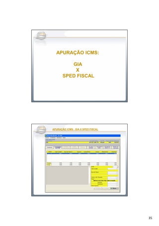 35
APURAÇÃO ICMS:APURAÇÃO ICMS:
GIAGIA
XX
SPED FISCALSPED FISCAL
APURAÇÃO ICMS: GIA X SPED FISCALAPURAÇÃO ICMS: GIA X SPED FISCAL
 
